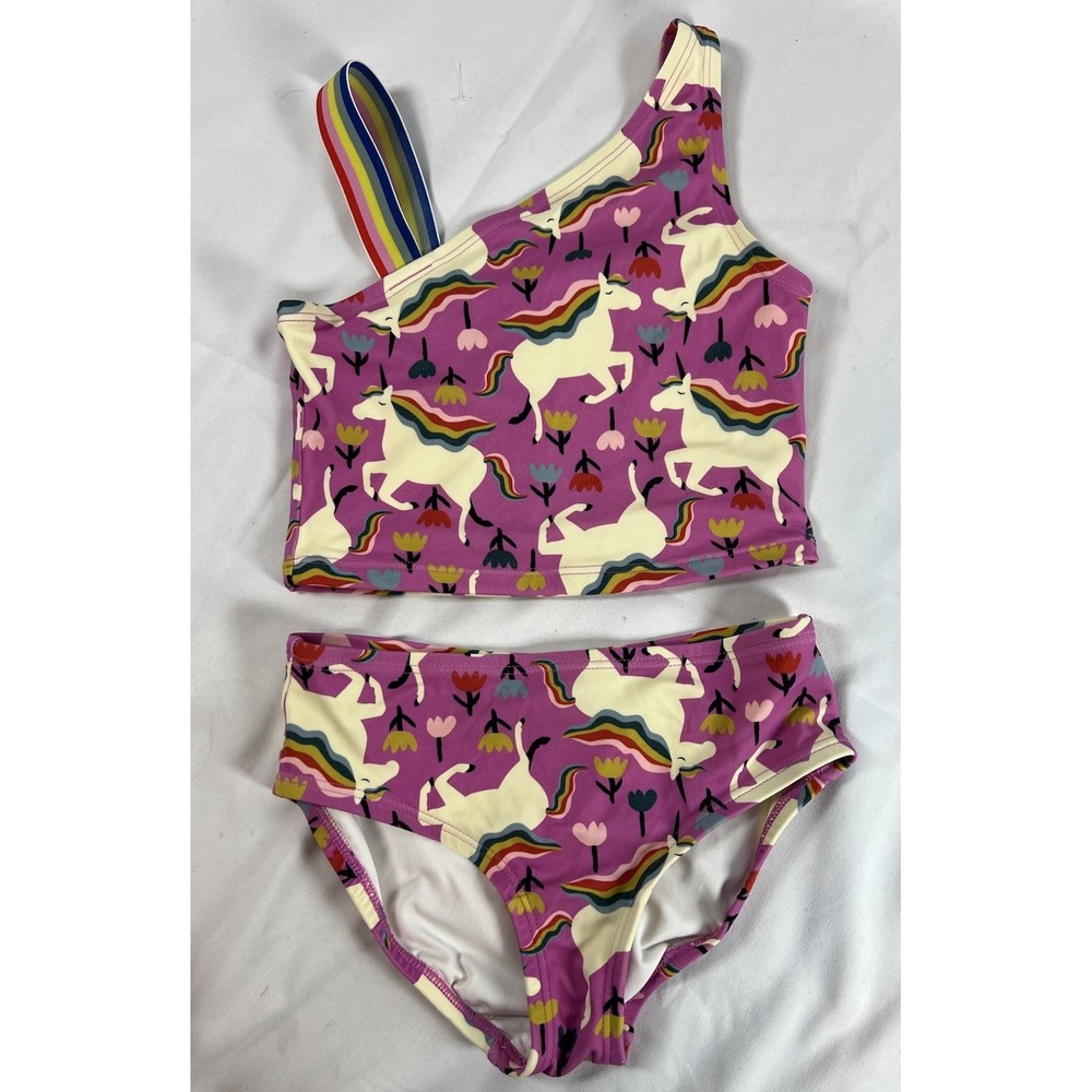Hanna Andersson Purple Unicorn 2-piece Asymmetrical Swim Suit Girls 120 6-7